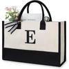 A-Z Letter Canvas Tote Bag Women Large Capacity Shoulder Handbag Contrast Color Thick Fabric Reusable Shopping Bag