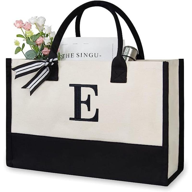A-Z Letter Canvas Tote Bag Women Large Capacity Shoulder Handbag Contrast Color Thick Fabric Reusable Shopping Bag