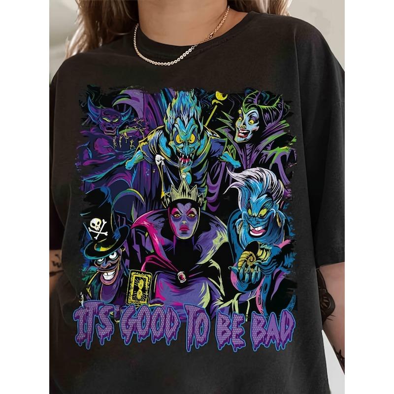 Miniso Vintage Creative Cartoon Villain Printed T-Shirt Disney New Women men Trend Loose Casual Short Sleeve Top Hot-selling S