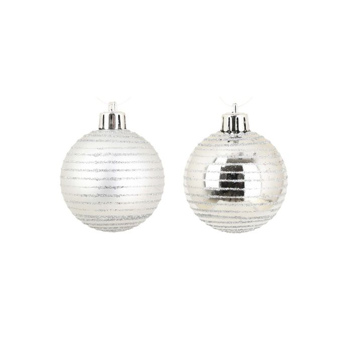 Set De 8 Boules De Noël Rayées Argent Diamètre 6 Cm