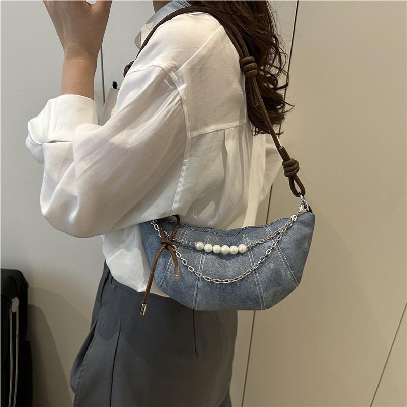 Fashion Trend Pearl Chain Decorative Croissant Popular Solid Color Canvas Shoulder Crossbody Bag Women's Bag