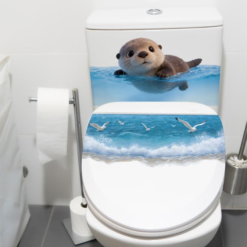 Cute Otter Toilet Tank Sticker Ocean Wave Pvc Decal For Bathroom Decor Adhesive Wall Art Home Decoration Accessories