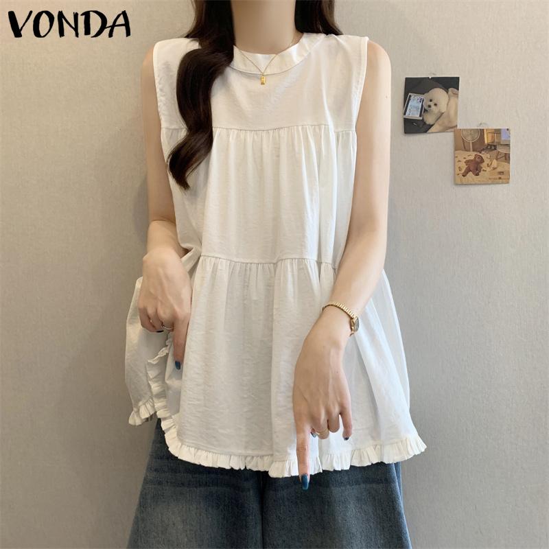 VONDA Summer Women Casual Round Neck Ruffled Loose Sleeveless Tank Tops
