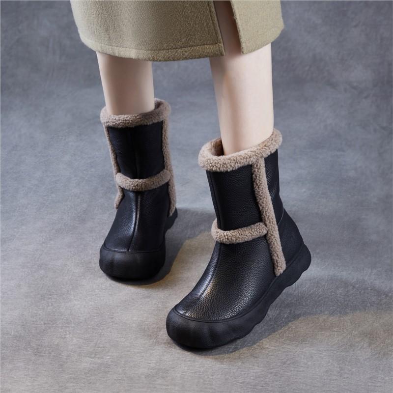 Johnature Genuine Leather Plush Thickened Women's Mid-calf Boots Casual Soft Soled Warm Cotton Shoes