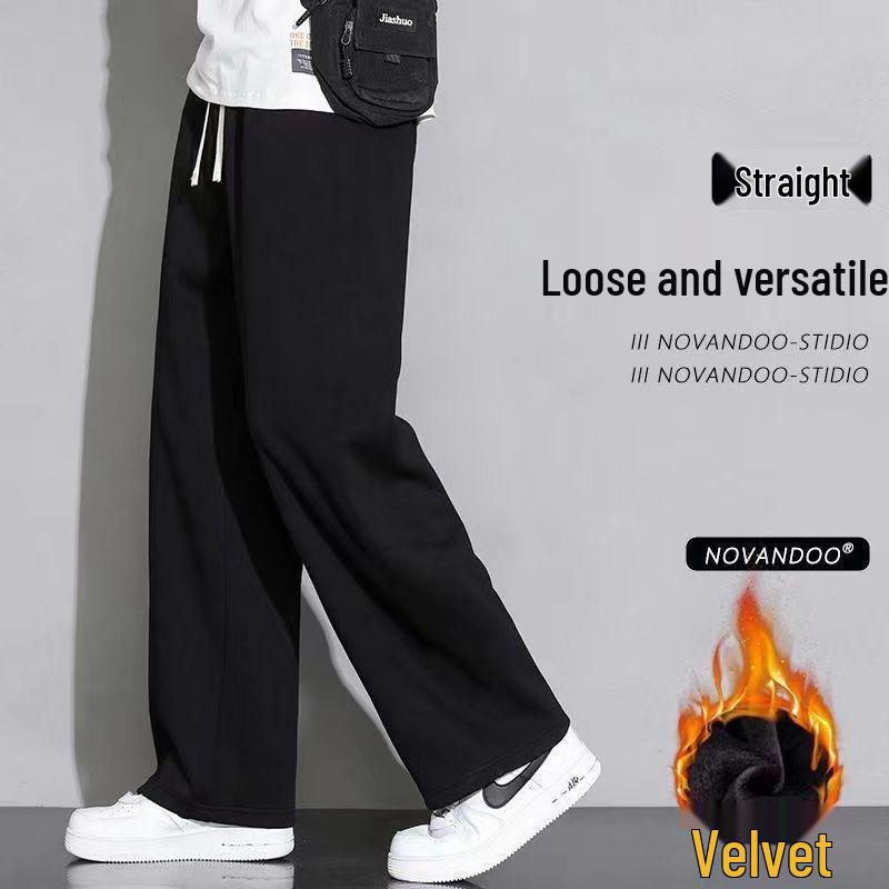 Korean-Style Plus Size Fleece-Lined Sweatpants for Students - Loose, Straight-Leg Casual Pants for Autumn/Winter.