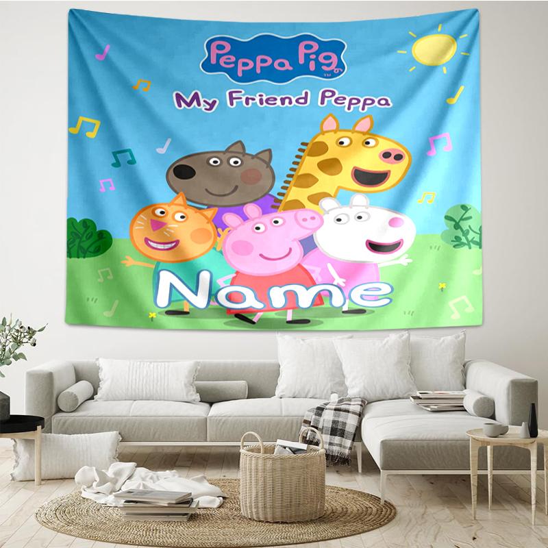 Custom Name Peppa Pig Print Tapestry, Backdrop, Easy Setup, Ideal for Bedroom, Office & Living Room, with Aesthetic Wall Hanging Decor.