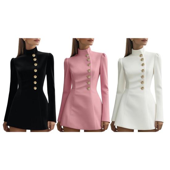 Stand Collar Work Dress for Women Long Sleeve Single-Breasted Suit Dress Formal Church Office Sheath Dress
