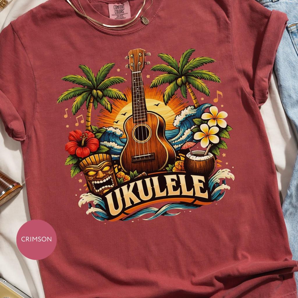 Ukulele T Shirt | Hawaiian Tropical Island Vibe Beach Vacation Tee | Musician Summer Palm Tree Retro Aloha Music Lover Gift
