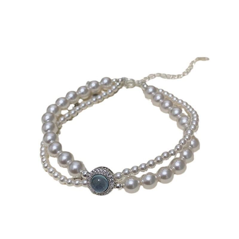 S925 Silver Sea Blue Pearl Bracelet for Women, Elegant Double Layer Beaded Bangle