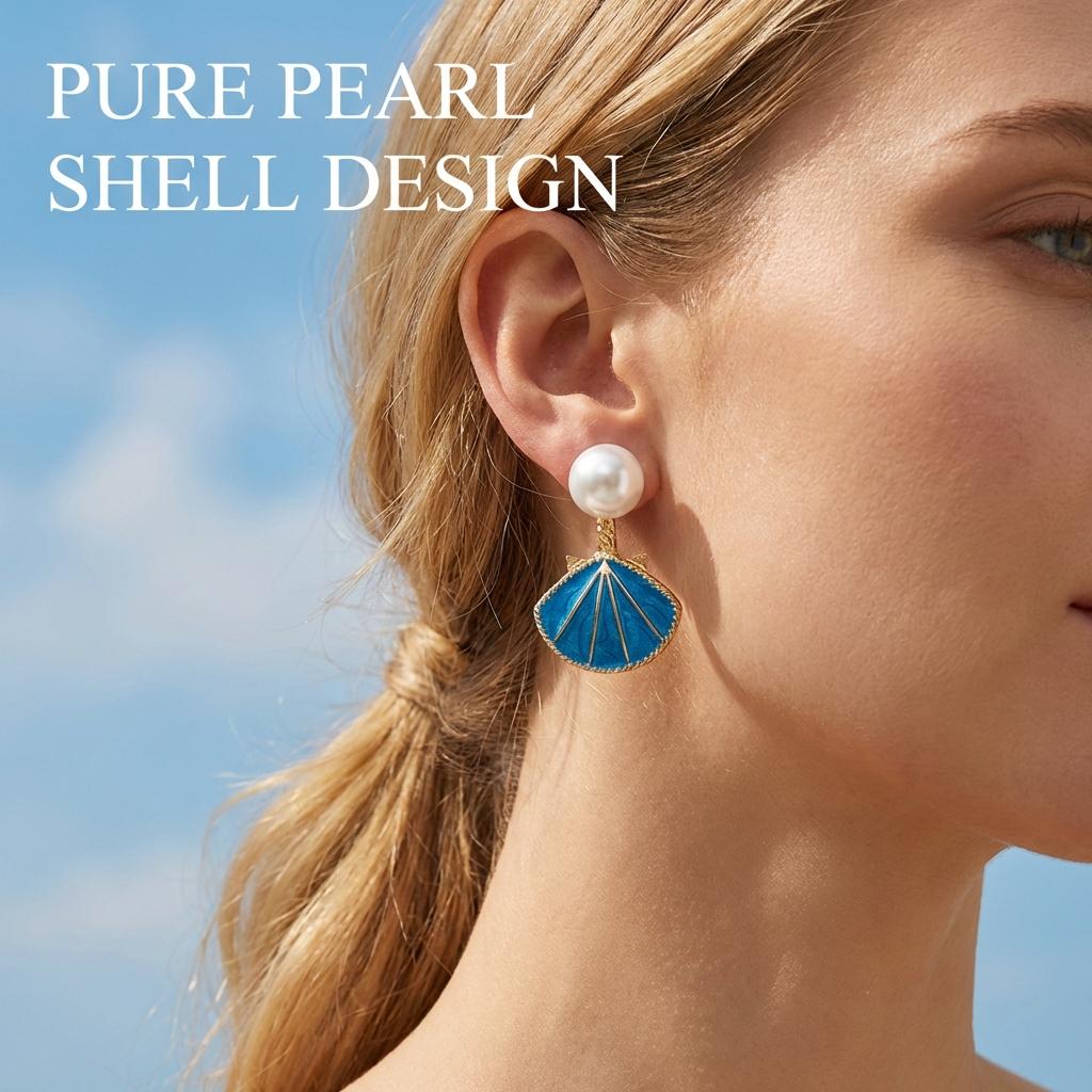 Creative Ocean Blue Shell Pearl Stud Earrings For Women Vintage Dripping Oil Imitation Pearl Shell Texture Earring Party Jewelry