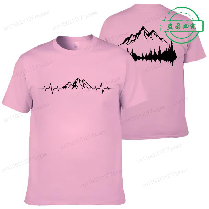 Summer Men's Clothing Casual Loose Tees Mountains and Trees Print Sports O Neck Short Sleeve T-shirt Mountains Heartbeat Tops