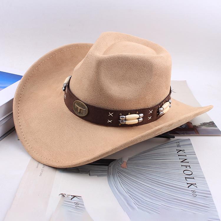 Western Cowboy Style Tibetan Bull Head Accessories Fashion Top Hat Autumn/Winter New Collection Deer Skin Velvet Large Edge Riding Hat