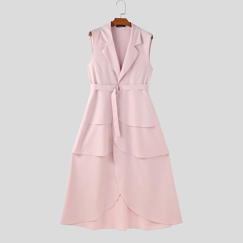 

INCERUN Мужские топы-туники без рукавов с V-образным вырезом и лацканами, с поясом на талии и асимметричными слоями 3XL розовый