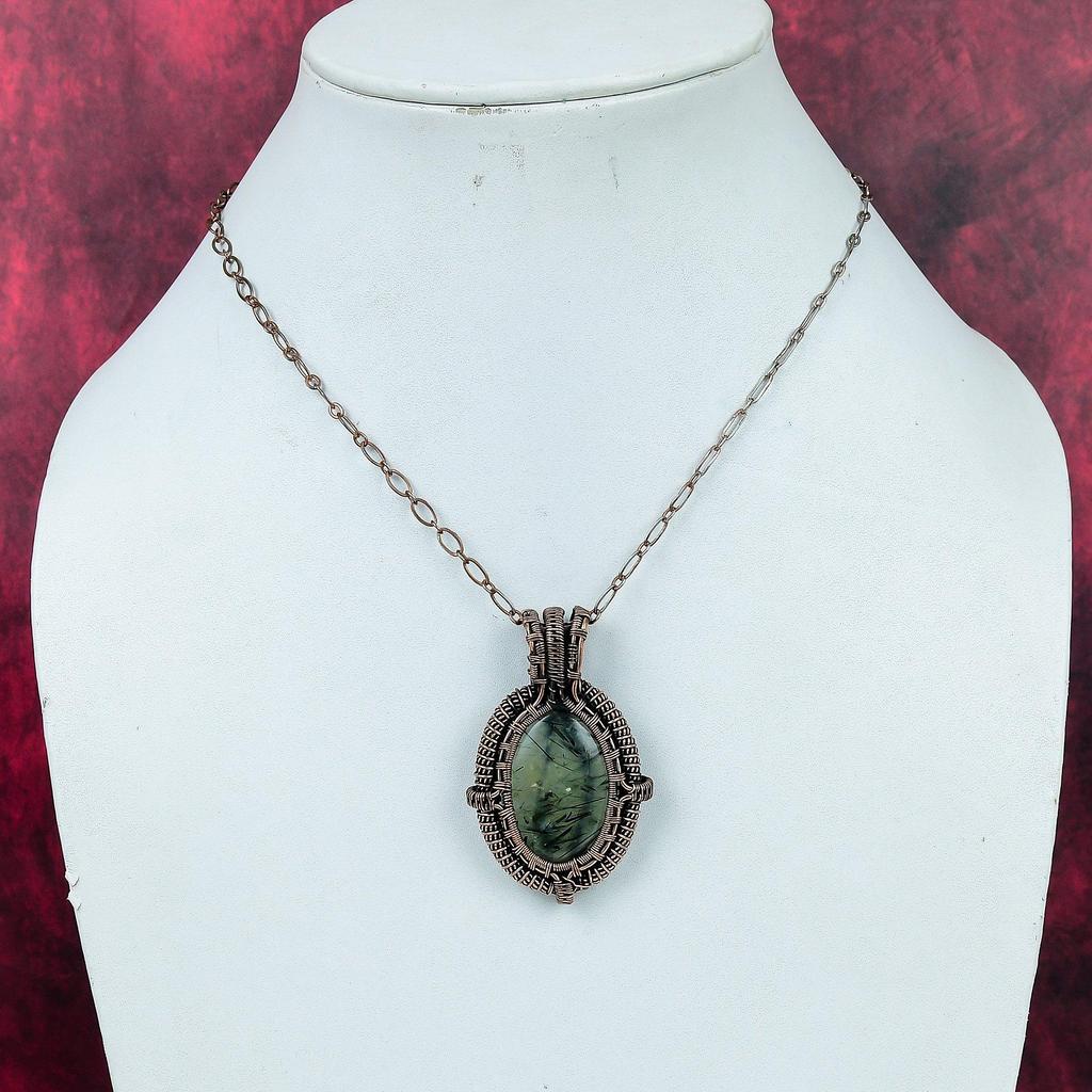 Moss Prehnite Pendant Copper Wire Wrapped Gemstone Pendant Unique Design Jewelry