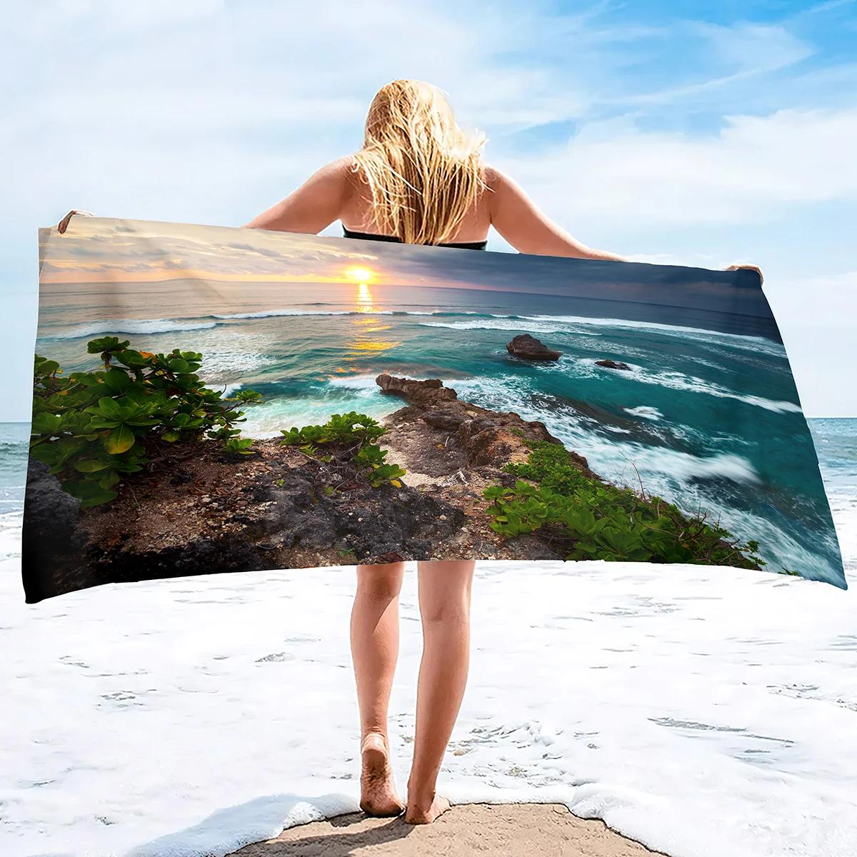 Полотенце для ванны  Морская волна  - Яркий дизайн  Закат , Мягкое, Впитывающее, Идеально для летнего отдыха, Добавит пляжное настроение в ваш отпуск 50x100cm