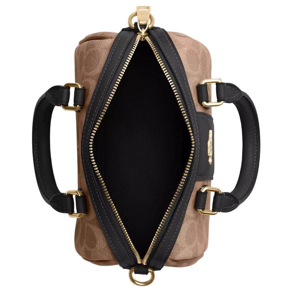 Coach Tan Signature Canvas Mini Boston Duffle Bag with Black Leather Trim & Gold Hardware for Daily Use