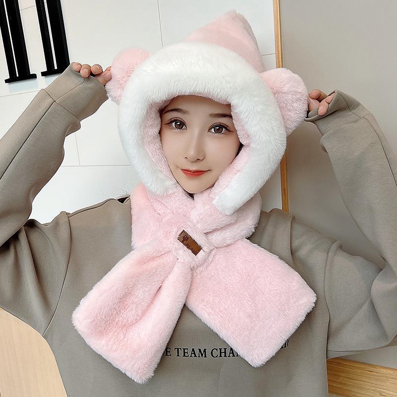 2023 Winter Cute Bear Ear Warm Hat Plush Scarf Hat Outdoor Windproof Cycling Hat Women Beanies Caps