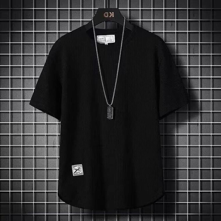 

Мужская белая вафельная рубашка с коротким рукавом в стиле casual: Модный, простой, универсальный летний топ XL чёрный