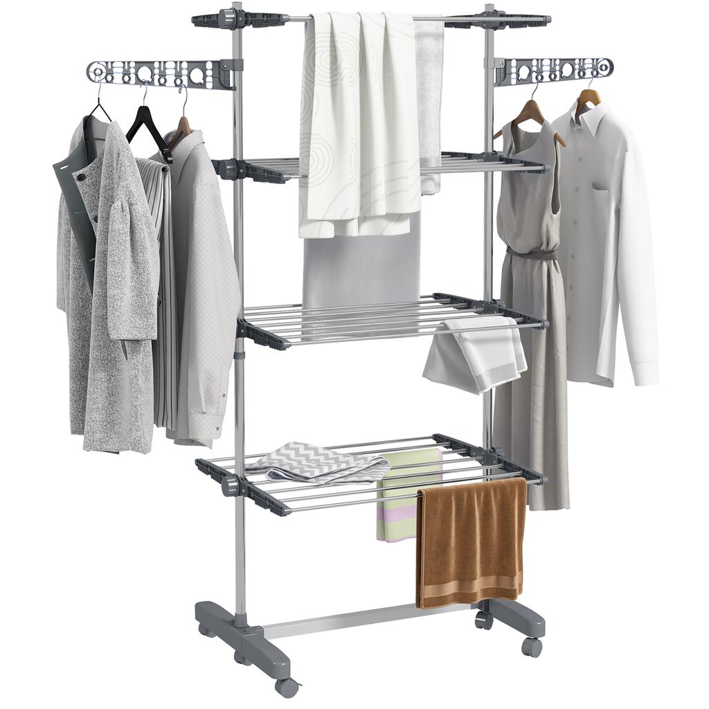 Foldable 5-Tier Clothes Drying Rack with One-Click System, 142x55x172cm, Grey & Silver