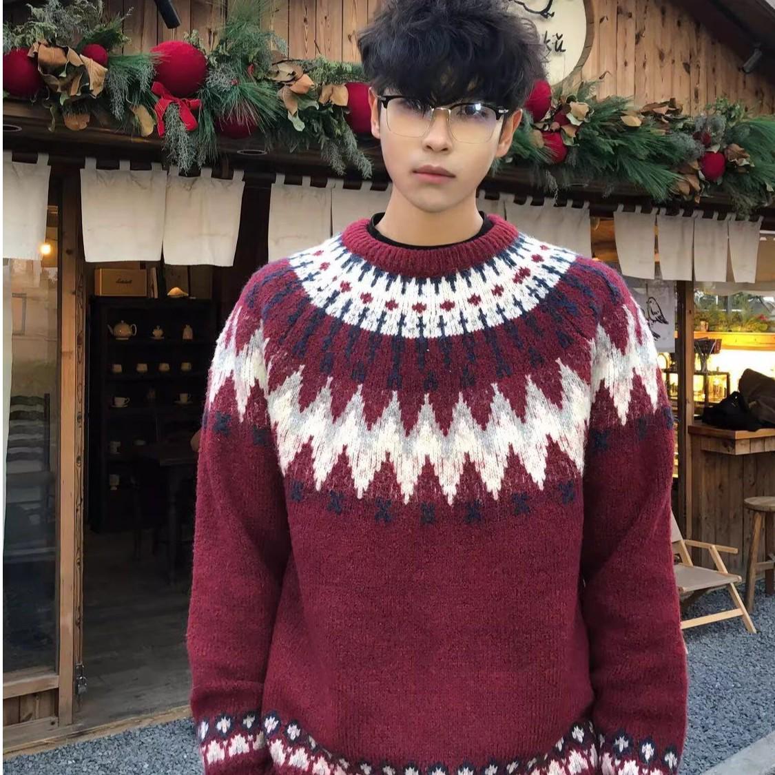 

Retro Fair Isle Knit Sweater: Cozy Loose-Fit Round Neck for Autumn & Winter M
