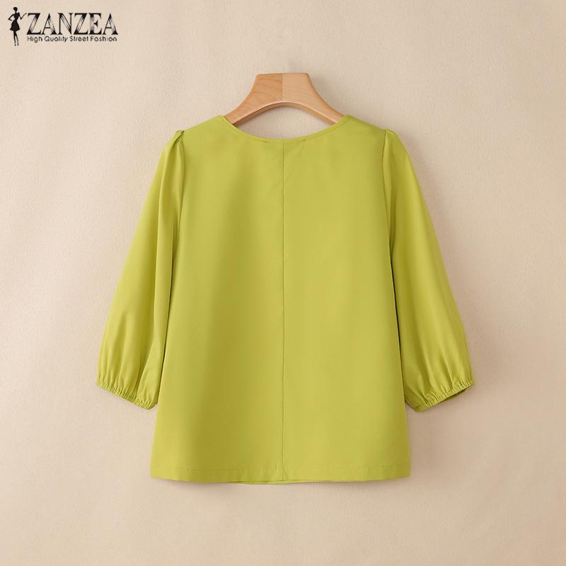 ZANZEA Women Casual Round Neck Loose 3/4 Sleeve Solid Blouse