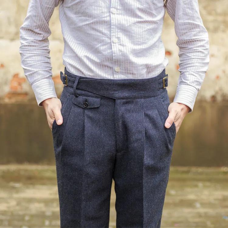 Men Vintage High Waist Pants Casual Straight Trousers Autumn Suit Pant
