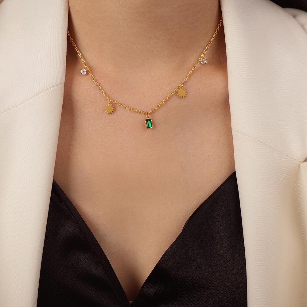 Emerald Zircon Inlaid Gold-Plated Titanium Steel Pendant Necklace for Women