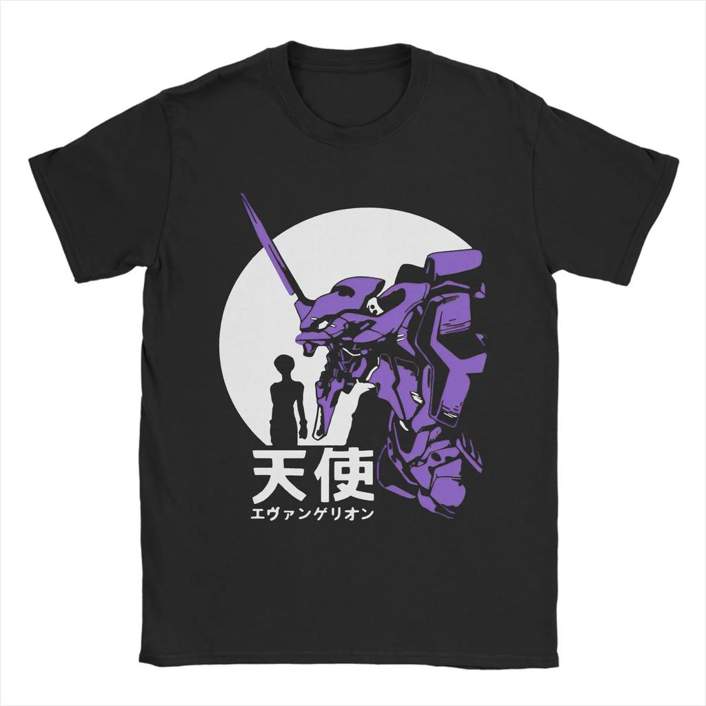 Neon Genesis Evangelion Einheit-01 Episode 1 "Engel-Angriff" Manga-Stil Lila Druck Übergroßes Schwarzes T-Shirt | Klassisches Mecha Anime Fan Merch Tee