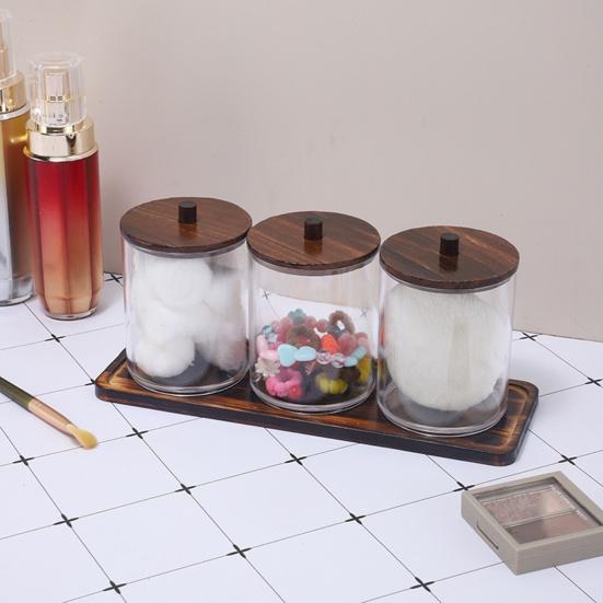 3Pcs/Set Cotton Swab Storage Box Transparent Cosmetic Cotton Case with Wood