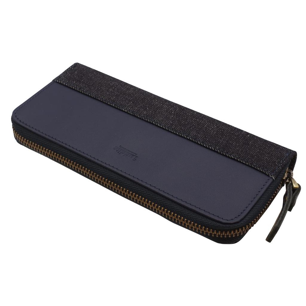 Luddite Leather Combination Round Zip Pen Case 2 Denim and Genuine Leather Pencil Case [Navy] LDKC-RZP2-11