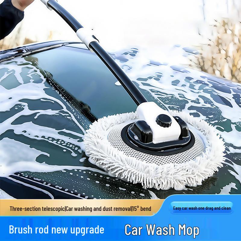 Telescopic Car Wash Brush: Curved Rod with Soft Bristles, Long Handle, Portable and Gentle on Vehicle Surfaces.
