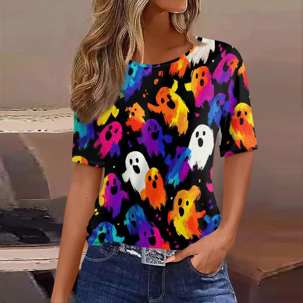 Women's Casual Halloween Short Sleeve Pullover Top Bat Pumpkin Print Round Neck Relaxed Fit Shirt for Fall