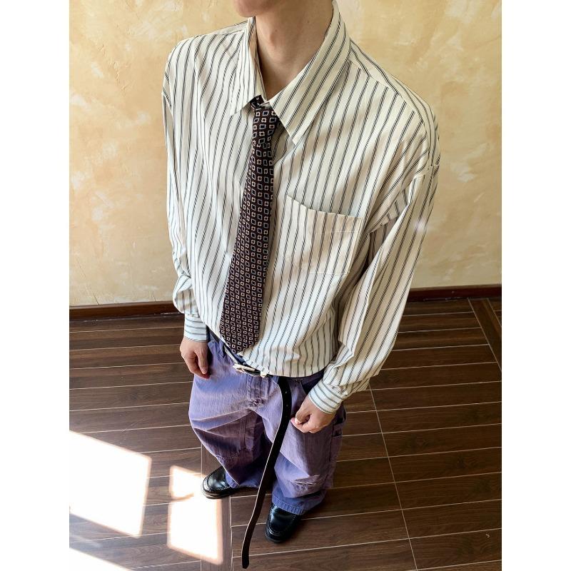 Spring New Striped Simple Lapel Shirt Men's High-end Retro Long-sleeved Top