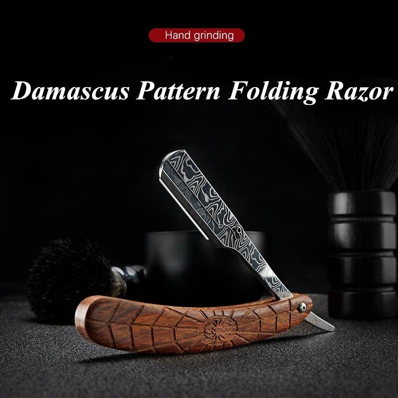 Damascus Pattern Stainless Steel Folding Razor Spider Rosewood Grain Handle Men's Facial Shaver Straight Razor Holder G0722
