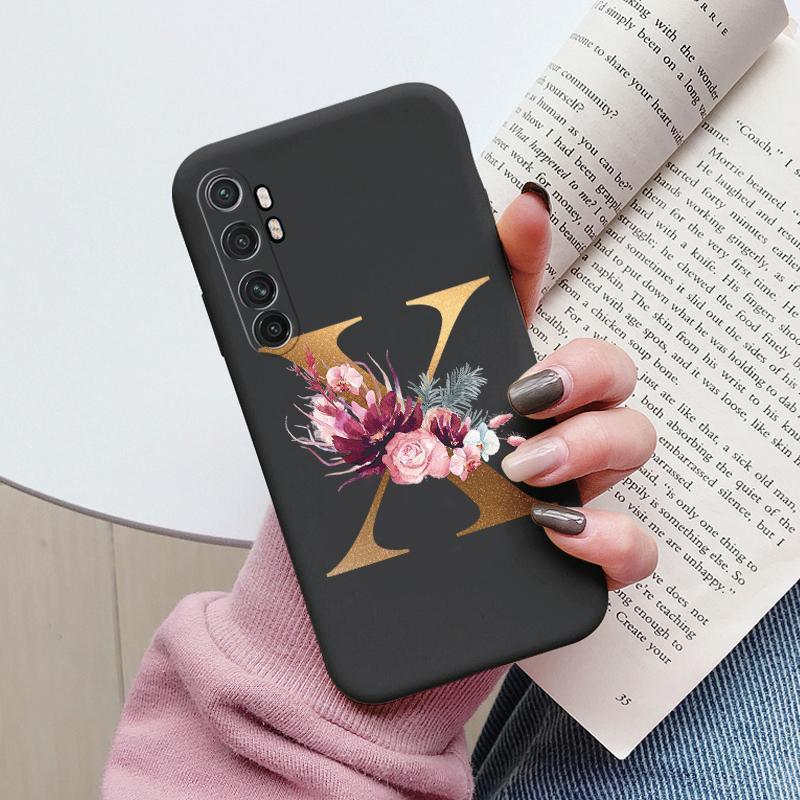 Letter Case For Xiaomi Mi Note 10 Lite Back Cover Retro Flowers Pink Black Soft TPU Initial Fundas For Xiaomi Note10 Lite Coque