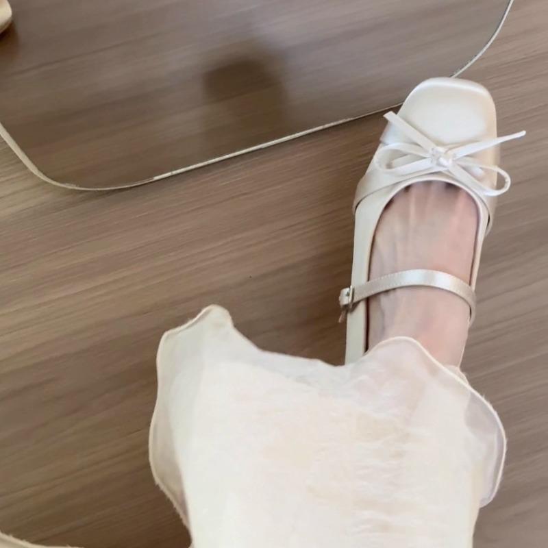 Inside Heightened Mary Jane Shoes Autumn New Square Toe Shallow Mouth Bow Slip Strap Non-Slip Kitten Heel