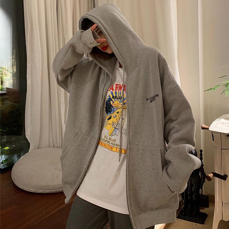 

Женская повседневная толстовка на молнии с флисовой подкладкой - Коллекция осень/зима 2025, Гонконгский стиль, Свободный крой, Японская студенческая верхняя одежда XL светло-серый