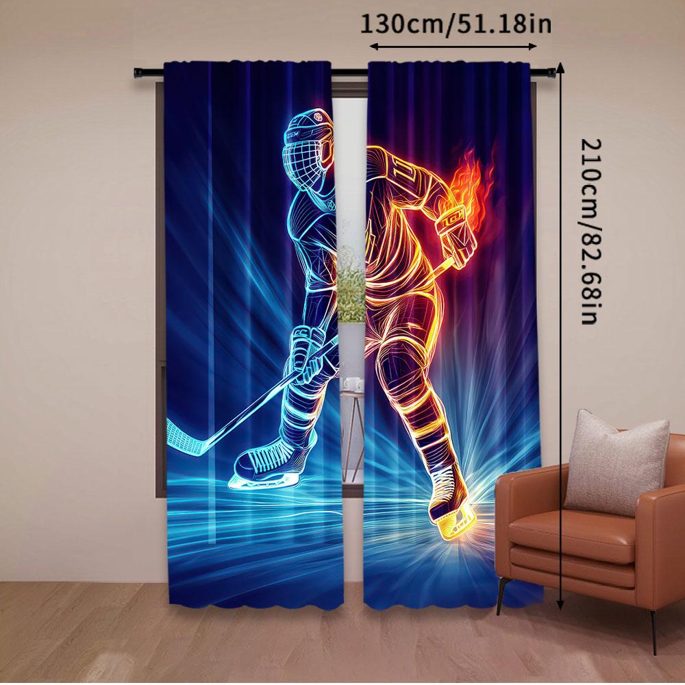 2Pcs Teens Ice Hockey Window Curtains For Bedroom Living Room Sports Games Theme Decor Rod Pocket Design Modern Simplistic