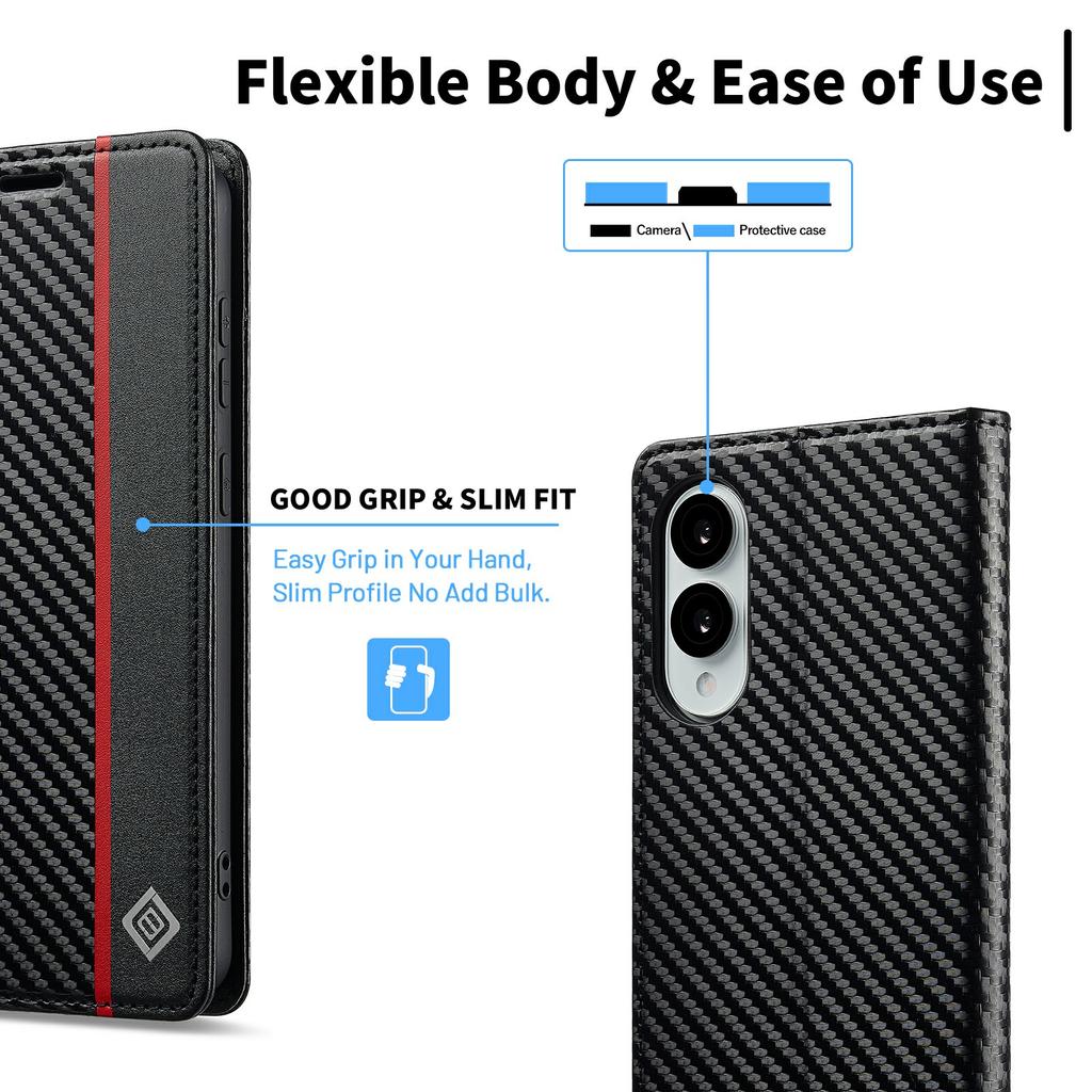 LC.IMEEKE For Samsung Galaxy S25 Edge Case Carbon Fiber Texture Phone Cover Stand Card Holder