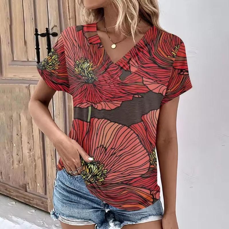 Fashion Women's T-Shirts Fashion Tops V-Neck 3D Floral Print T Shirt Female Short Sleeve Top Casual Tees Summer Oversized Clothing