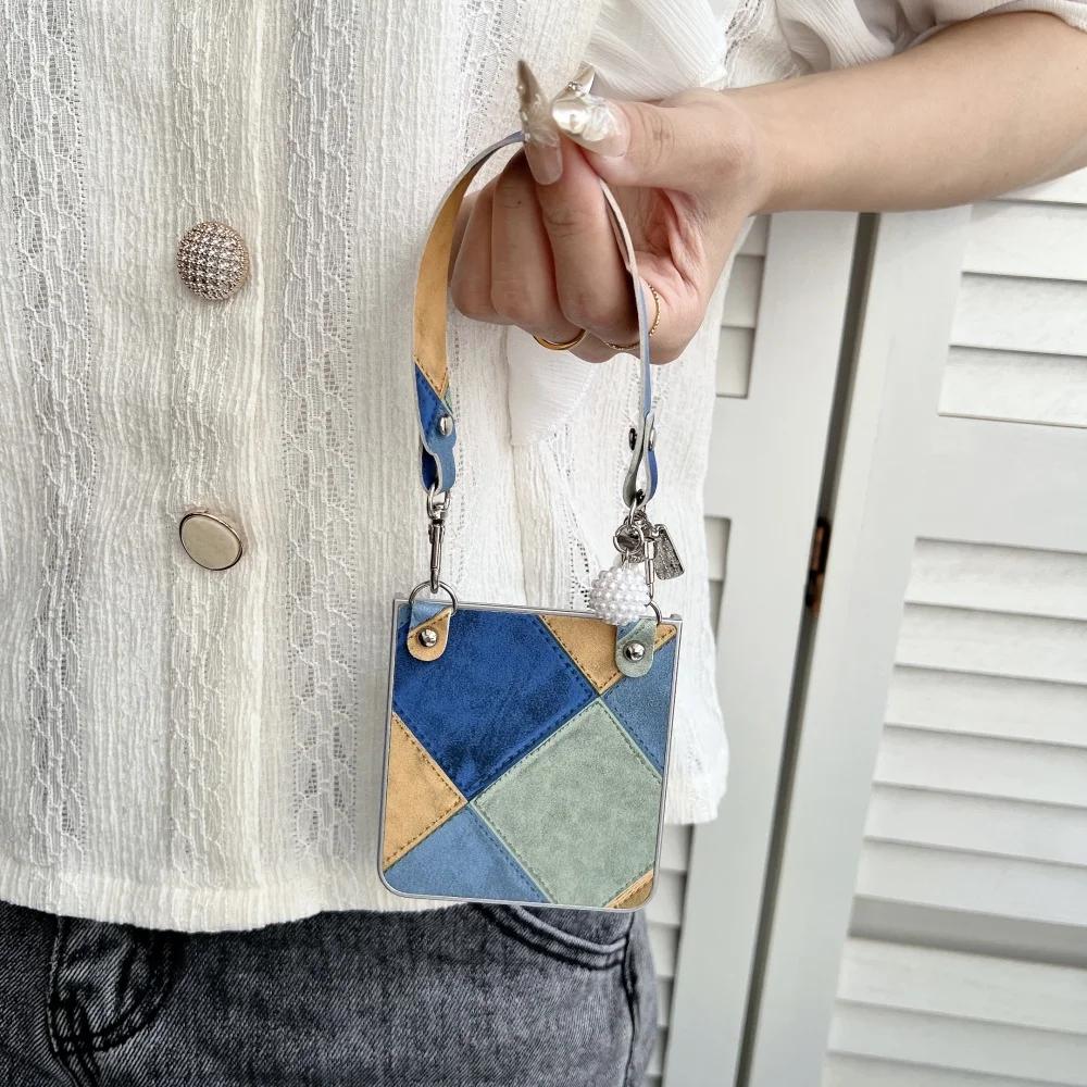 Fusion Business Sle Bla Color Collision Wristband Lanyard Leather Phone Case for Samsung Galaxy Z Flip 7 6 5 4 3 Protect Cover