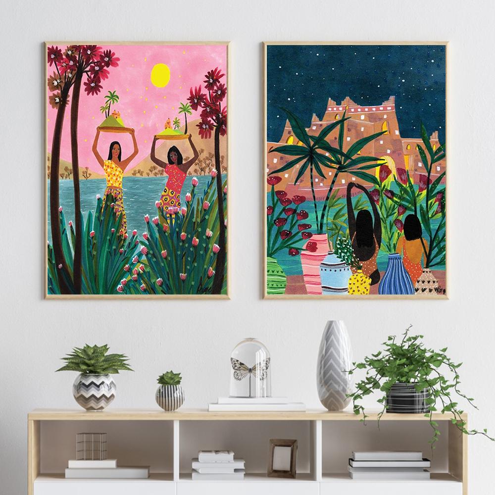Morocco Art Print Fashion Girl Dance Poster Shepherds Desert Flowers Wall Picture Red Bird With Woman Canvas Painting Home Decor
