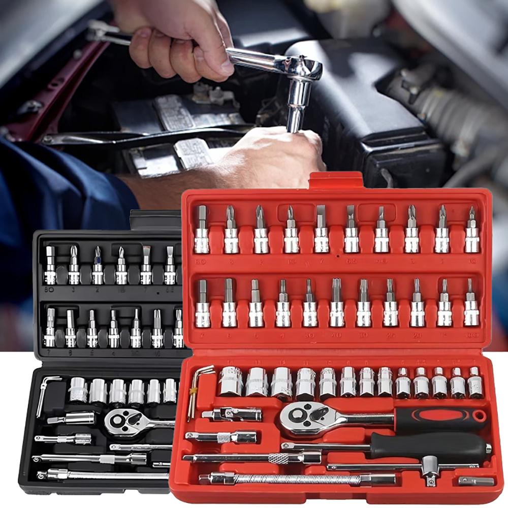 Professional Car Repair Tool Set Motorcycle Toolbox Set 46-piece Set Car Repair Kit Ratchet Wrench Set Sockets Auto Repair Tools красный