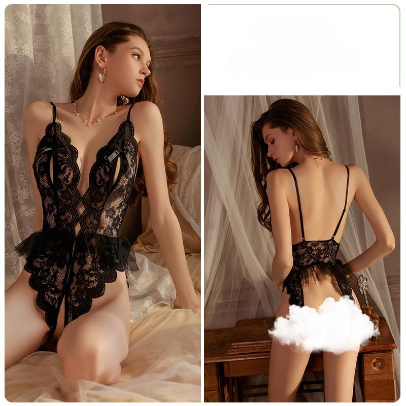 Women’s Sexy Lace Sheer Bodysuit Sweet Pure Style Backless Open-Crotch Lingerie