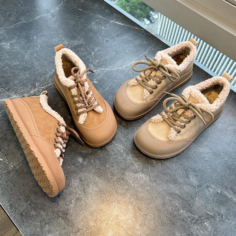 New Velvet Small Leather Shoes Winter Casual Flat Cotton Shoes Retro Versatile Women's Shoes Thick Sole Heightening Single Shoes Women