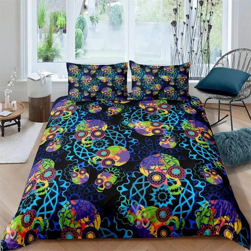 Sugar Skull Duvet Cover Luxury Gothic Skeleton Bedding Set Halloween Theme Floral Comforter Cover Twin Full For Girls Kids Teens