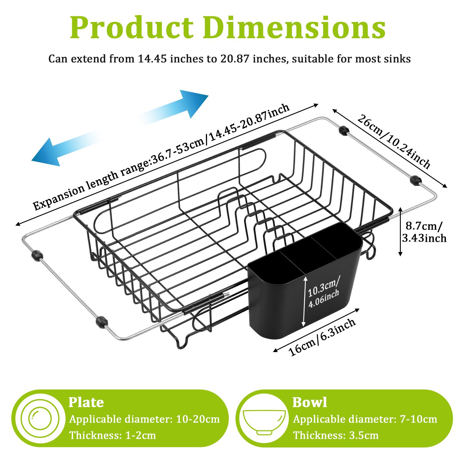 Expandable Dish Drying Rack Stainless Steel Kitchen Sink Drain Rack with Utensil Holder Fruit Vegetable Washing Drain Basket