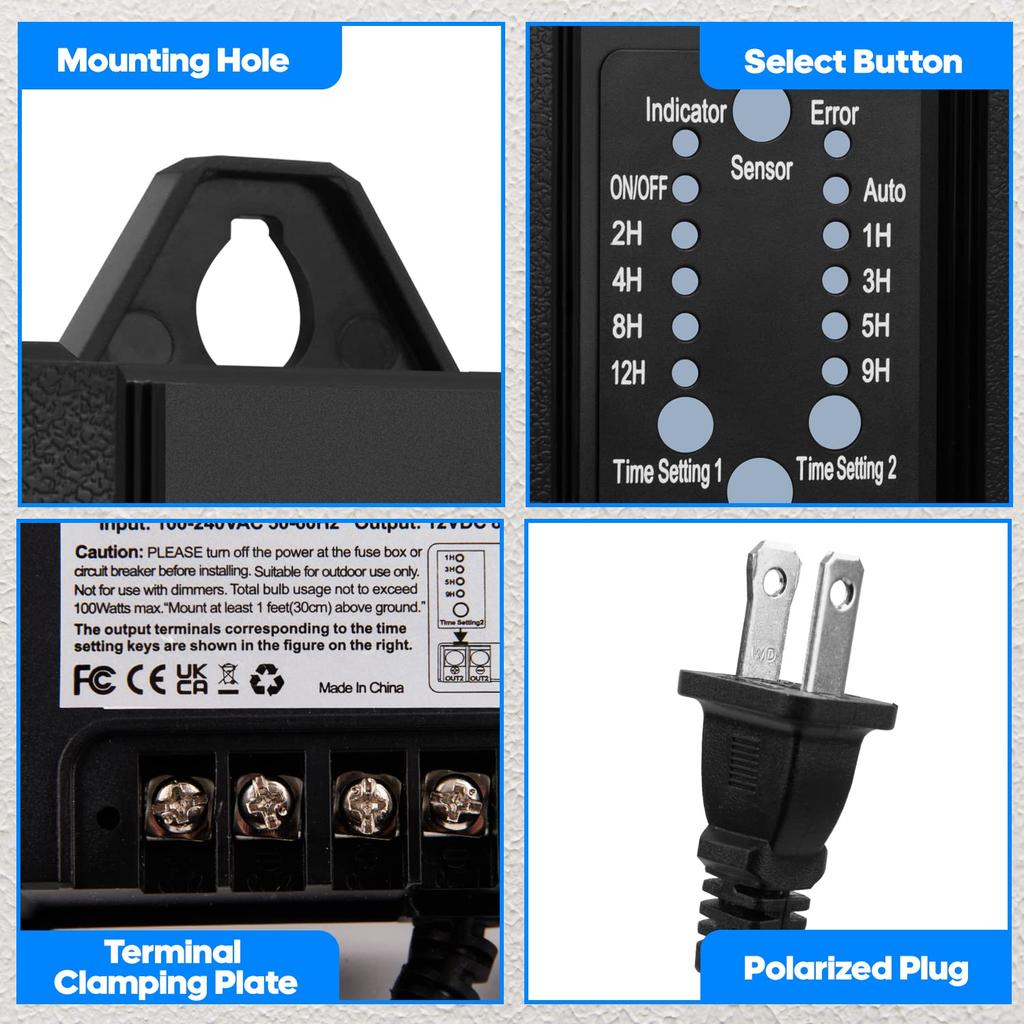 SMY Lighting 100W Outdoor Low Voltage Transformer with Timer and Photocell Sensor,120V AC to 12V DC Weatherproof for LED Landscape Lighting,Deck