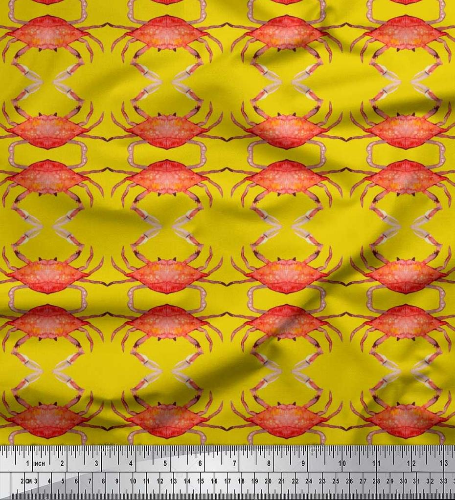 Soimoi Beige Japan Crepe Satin Fabric Crabs Ocean Print Fabric by the metre 42 Inch
