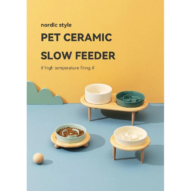 Small Dog Slow Feed Bowl Elevated Cat Drinking Eating Ceramic Bowls with Wooden Stand Pet Anti-Gulping Feeding Food Water Plate